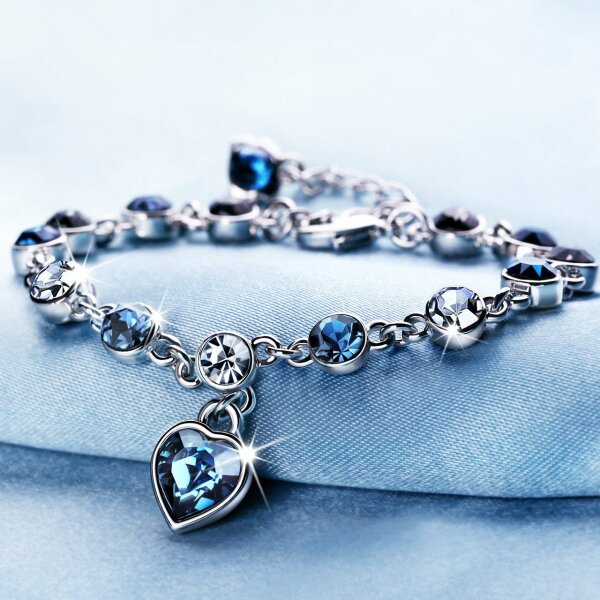 925 Frauen Kristall Strass Armreifen Damen Ozean Blau Armband Kette Herzform Schmuck Geschenke