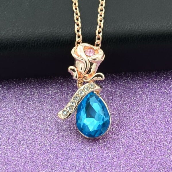 Diamant Anh&auml;nger Rose Blume Engel Tr&auml;nen Kristall Halskette Rose Gold/Blau