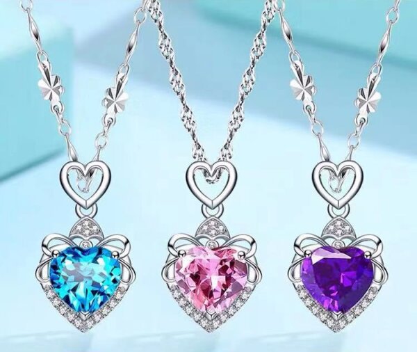 S925 Silber Herz Kette Halskette in Blau Pink Violett Liebe Weißheit