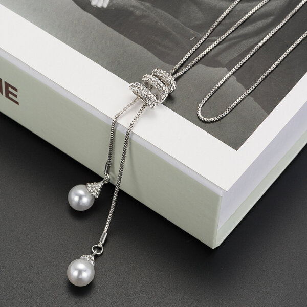 Halskette Lang Perle Damen Lagenlook Modeschmuck Modekette Silber