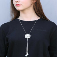 Halskette Lang Silber Blume Perle Damen Lagenlook Modeschmuck