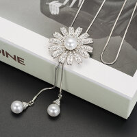 Halskette Lang Silber Blume Perle Damen Lagenlook Modeschmuck