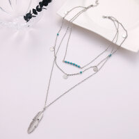 Halskette Mehrschichtig t&uuml;rkisfarbene Perlen mit Feder