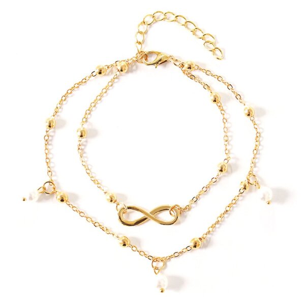 Damen Fu&szlig;kette Doppelperle Gold Unendlich Doppelkette Fusskette Armband Infinity Gold